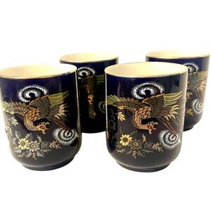 Vintage Japanese Cobalt Blue and Gold Peacock Ceramic Tea Sake Cups Set Of 4